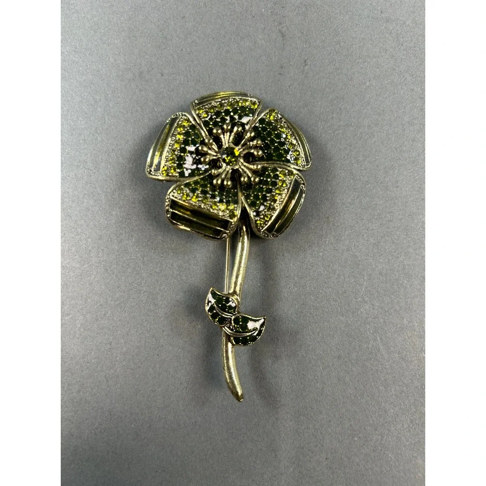 Vintage Style Green Rhinestone Flower Brooch Gold Tone Enamel Floral Pin 3.25